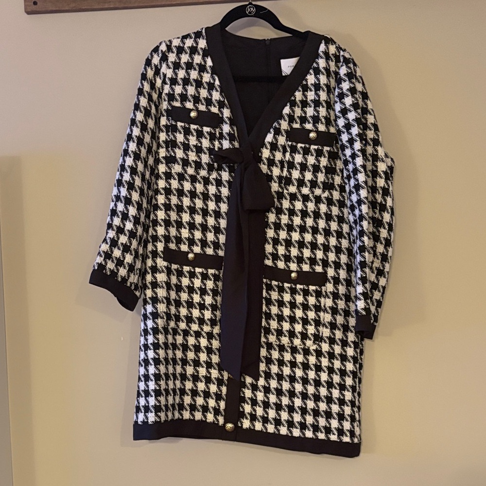 Pomander Place Black and White Houndstooth Tie-Neck Long Sleeve Dress Tuckernuck
